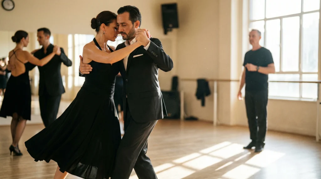 Happy couple taking ballroom dance lessons at Big Birds Ballroom Mississauga.